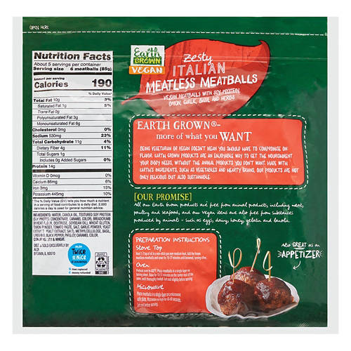 Earth Grown Vegan Zesty Italian Meatless Meatballs, 16 oz